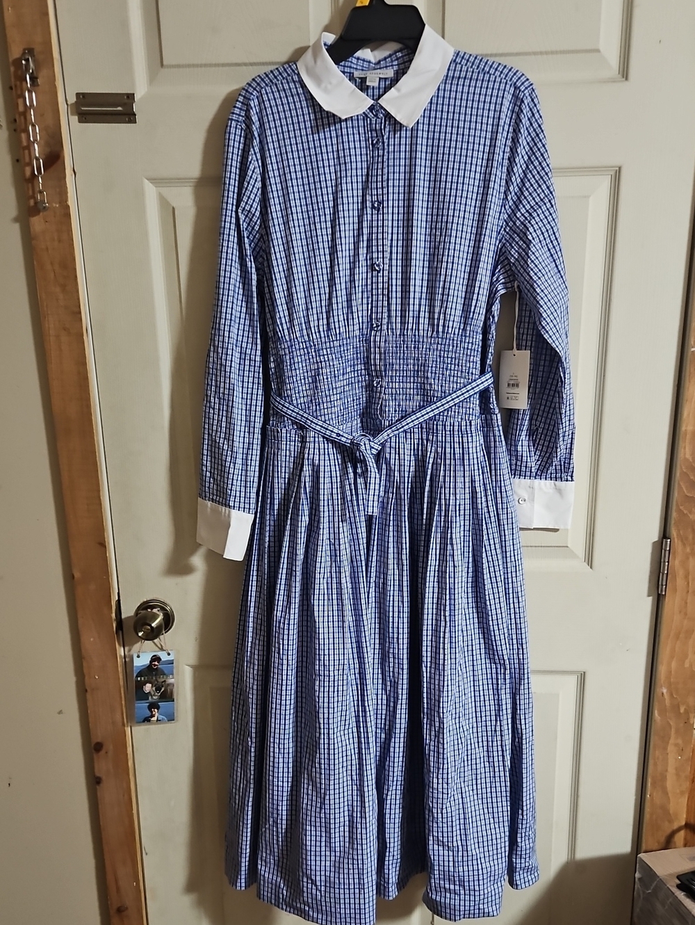 Free Assembly Smocked Gingham Shirt dress:Tiny Check Deep Indigo: NWT: L (12-14)